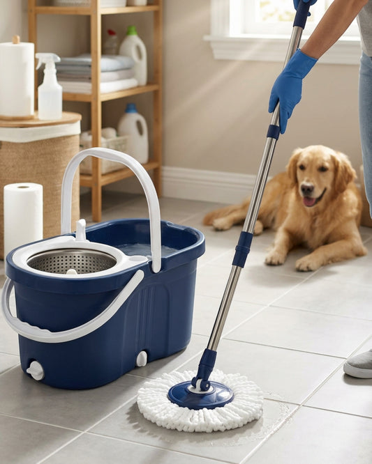 Zvlo Spin Mop and 18 L Bucket Set with 2 Heads Navy - Lifestyle view
